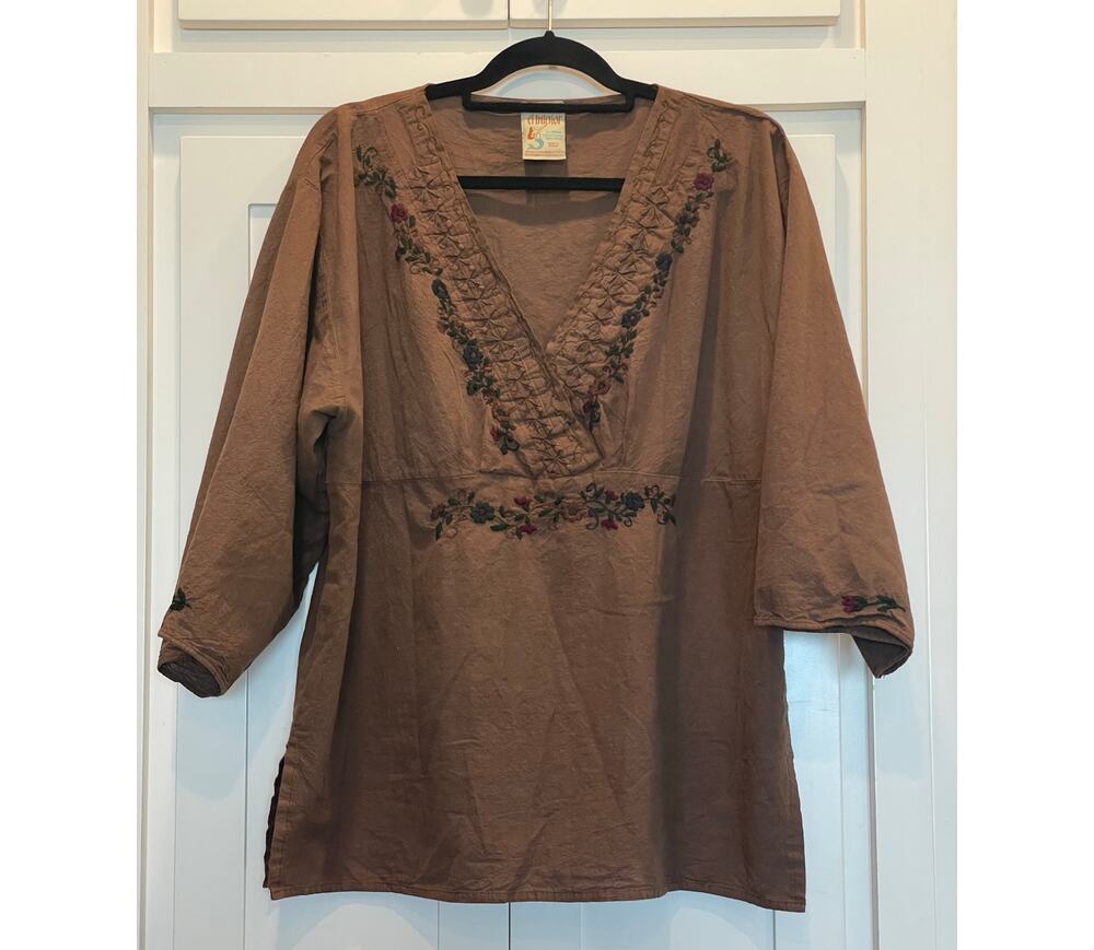El Interior La Sirena Folk art floral embroidered brown tunic LG 100% Cotton